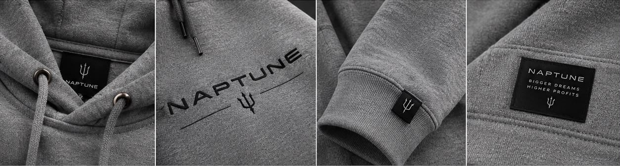 Hoodie details: neck label, chest print, cuff tab and pocket label