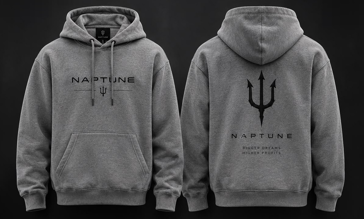 Grey Naptune hoodie, front and back, with a large trident on the back